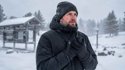 Person adjusting black insulated winter gloves in a snowy Minnesota neighborhood