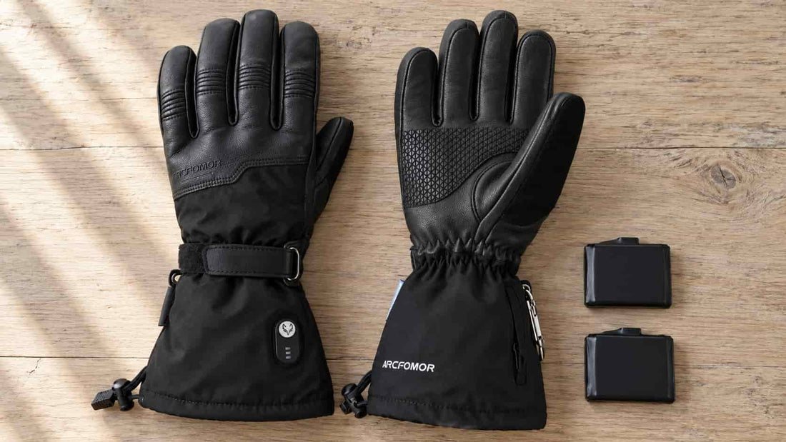 Ottawa Nights heated gloves showing the leather back, textured palm and cuff control, with two removable batteries on a wooden table