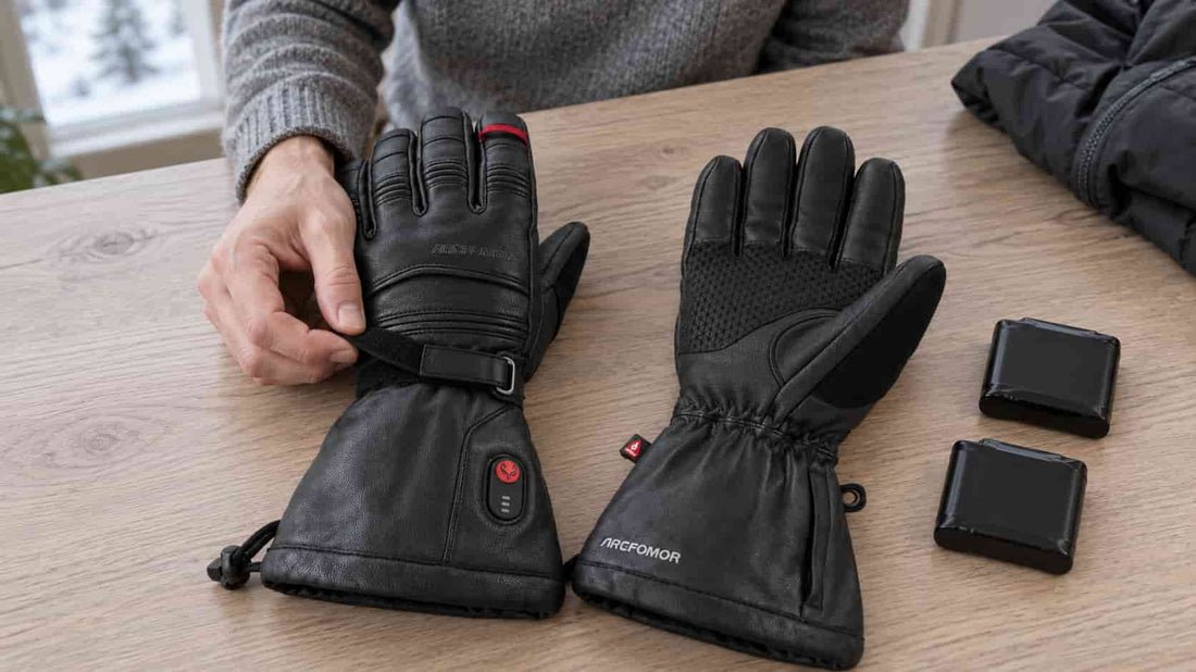 An adult checking the wrist strap of Polar Baron heated gloves on a wooden table, with two disconnected batteries beside the pair