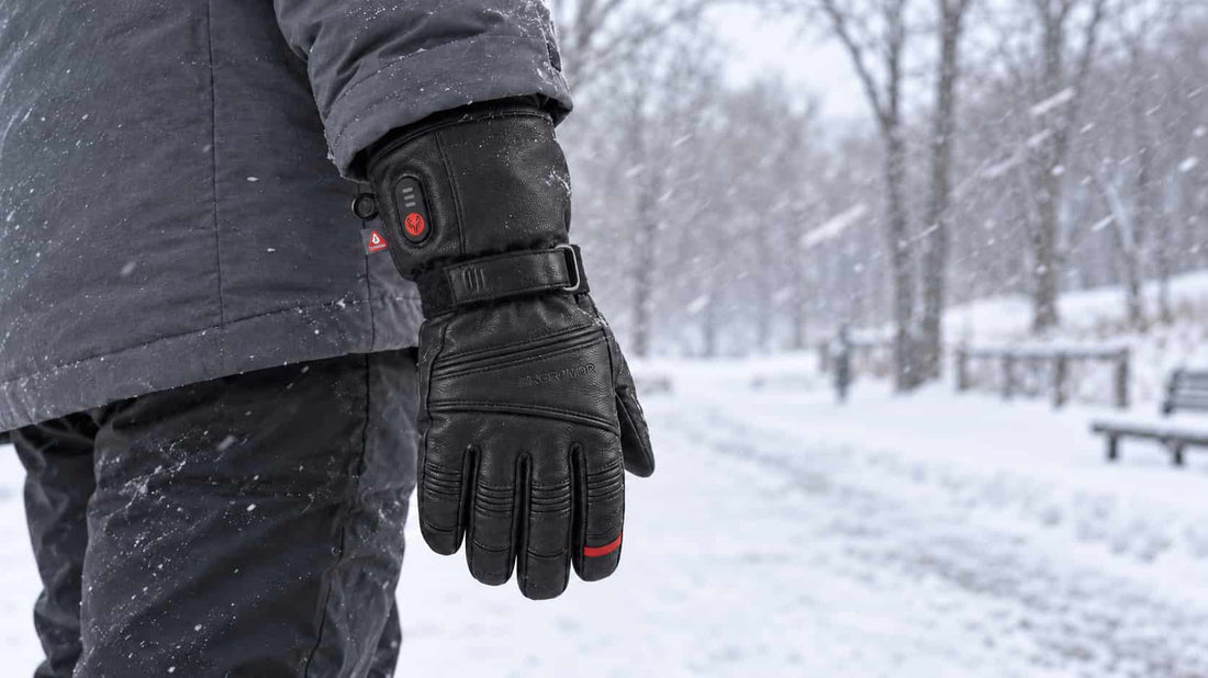 Polar Baron black leather heated glove with a visible cuff control, worn on a snowy park path in windblown snow