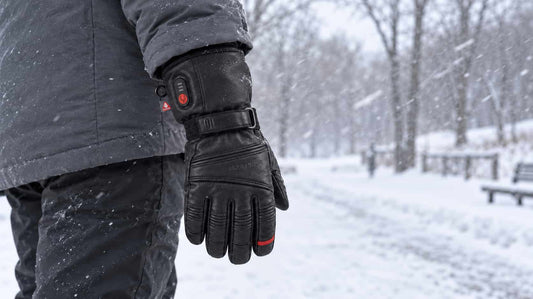 Polar Baron black leather heated glove with a visible cuff control, worn on a snowy park path in windblown snow