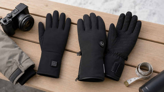 Thin heated glove liners arranged beside insulated outer gloves for winter layering