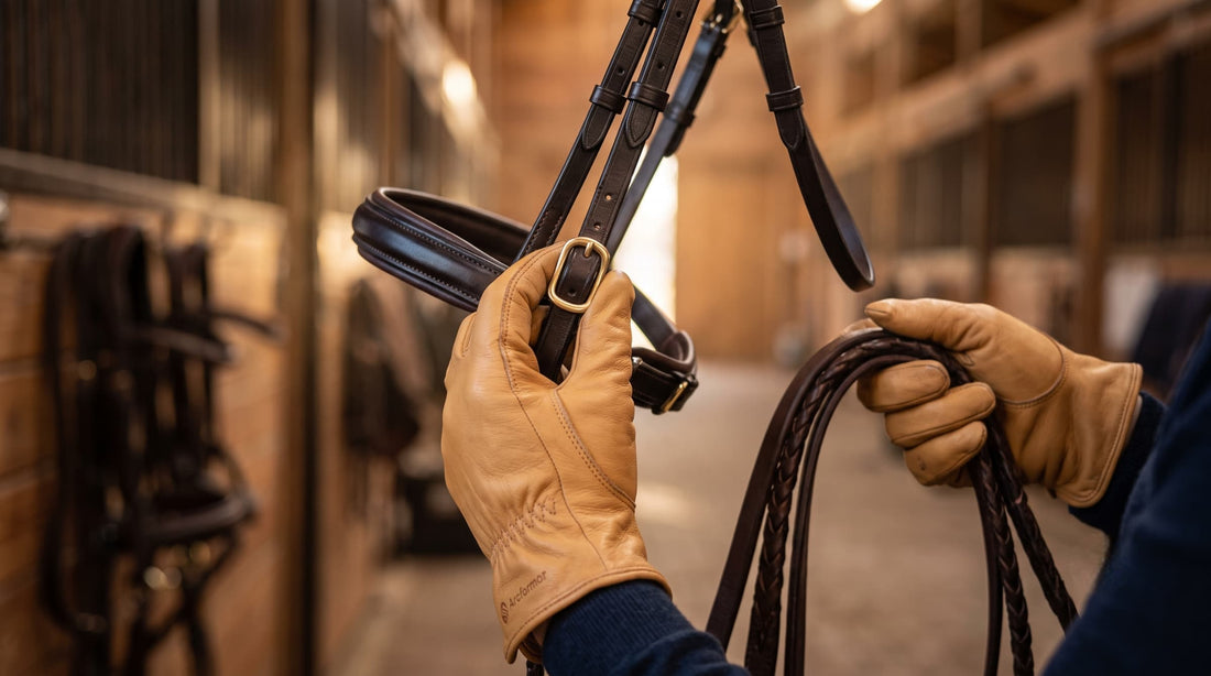 Close-up of a person wearing Arcfomor thin heated gloves made of tan goatskin leather, holding horse bridles and leather reins inside a professional wooden equestrian barn.