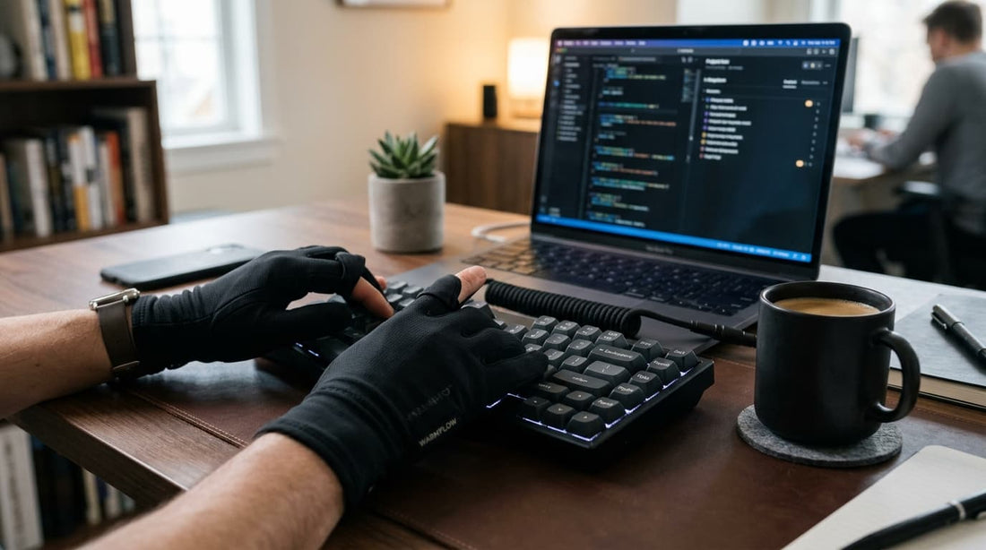 Arcfomor Spider Silk flip-top heated gloves beside a keyboard for a thin heated glove comparison