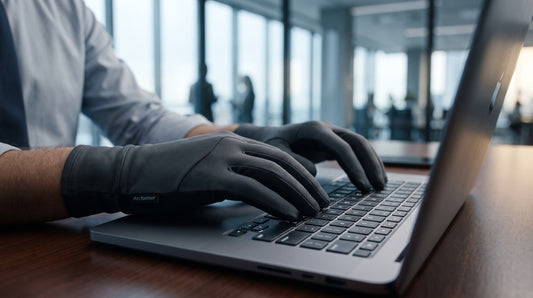 Close-up of a professional wearing slim Arcfomor heated glove liners while typing on a laptop keyboard inside a cold, air-conditioned corporate office environment to relieve hand stiffness.