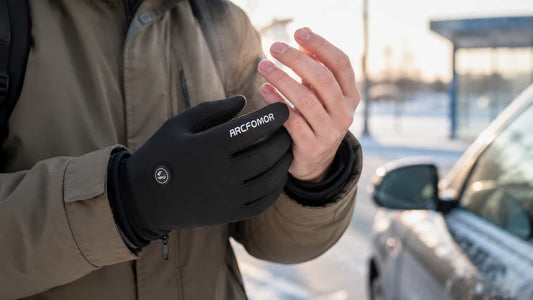 Adult gently warming cold fingers during a winter commute while wearing an Arcfomor heated glove