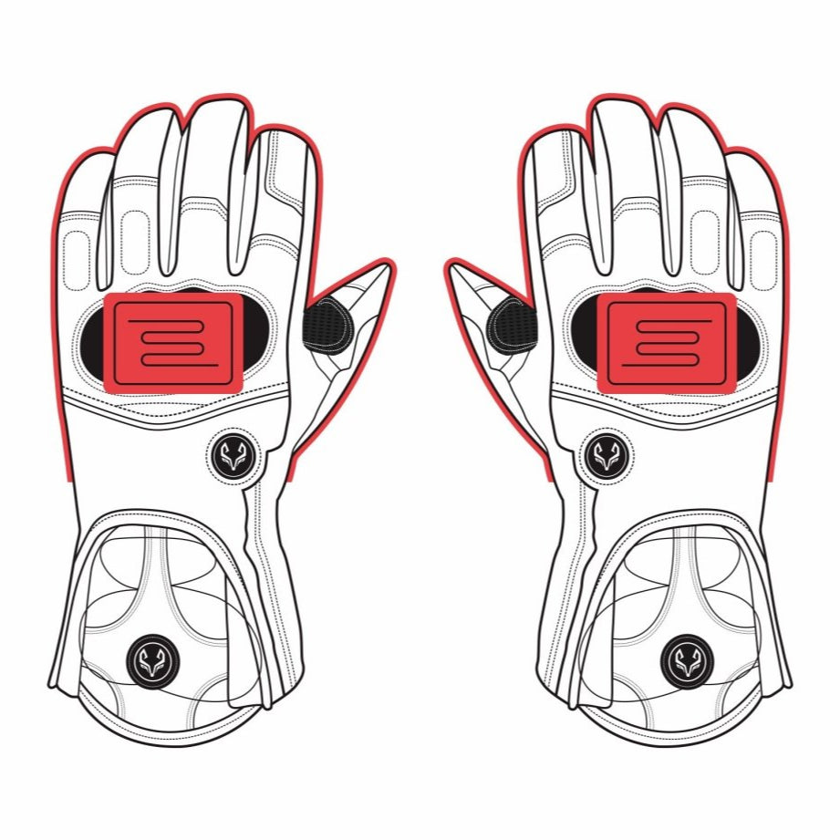 The picture shows the heated areas of the arcfomor brand Onyx motorcycle riding heated gloves, with heated coverage on the back of the hand and fingers to provide constant warmth during the winter months!