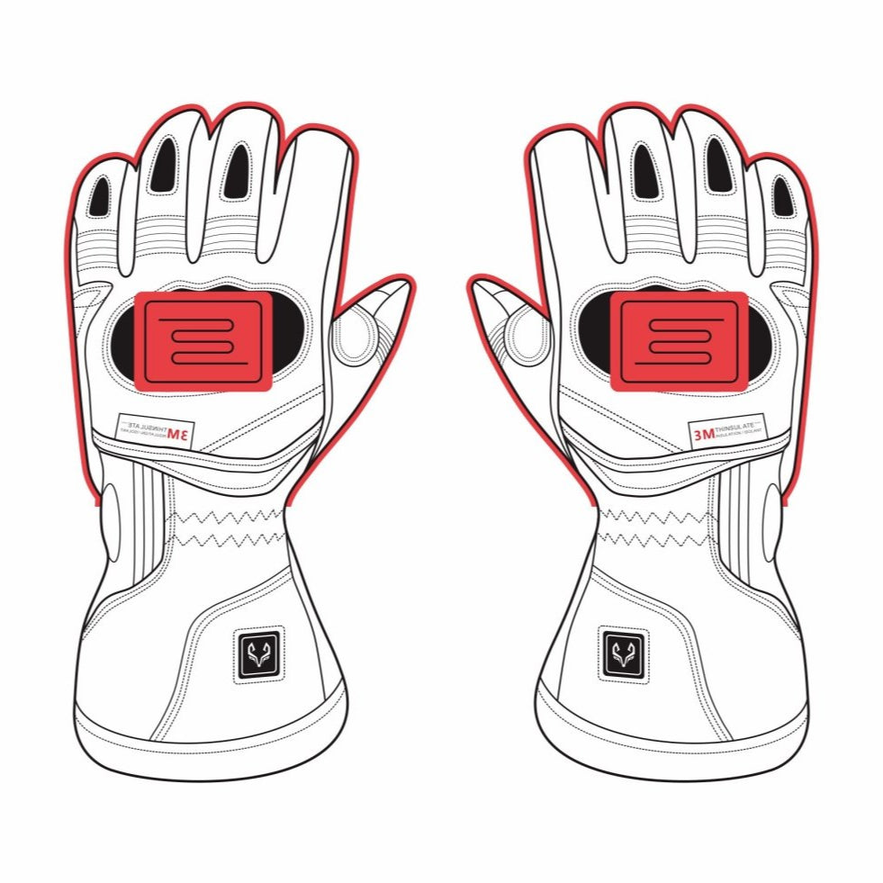 This image shows the heated areas of the arcfomor brand Vortex Motorcycle heated gloves, with heated coverage on the back of the hand and fingers to keep your hands warm in the winter!