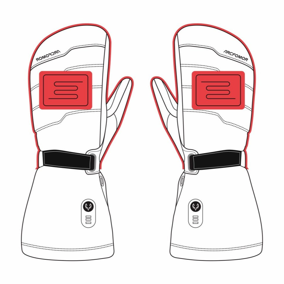 This image shows the heated areas of the arcfomor brand Niagara Stone Electric Mitten with heated coverage on the back of the hand and fingers to keep your hands warm in the winter!
