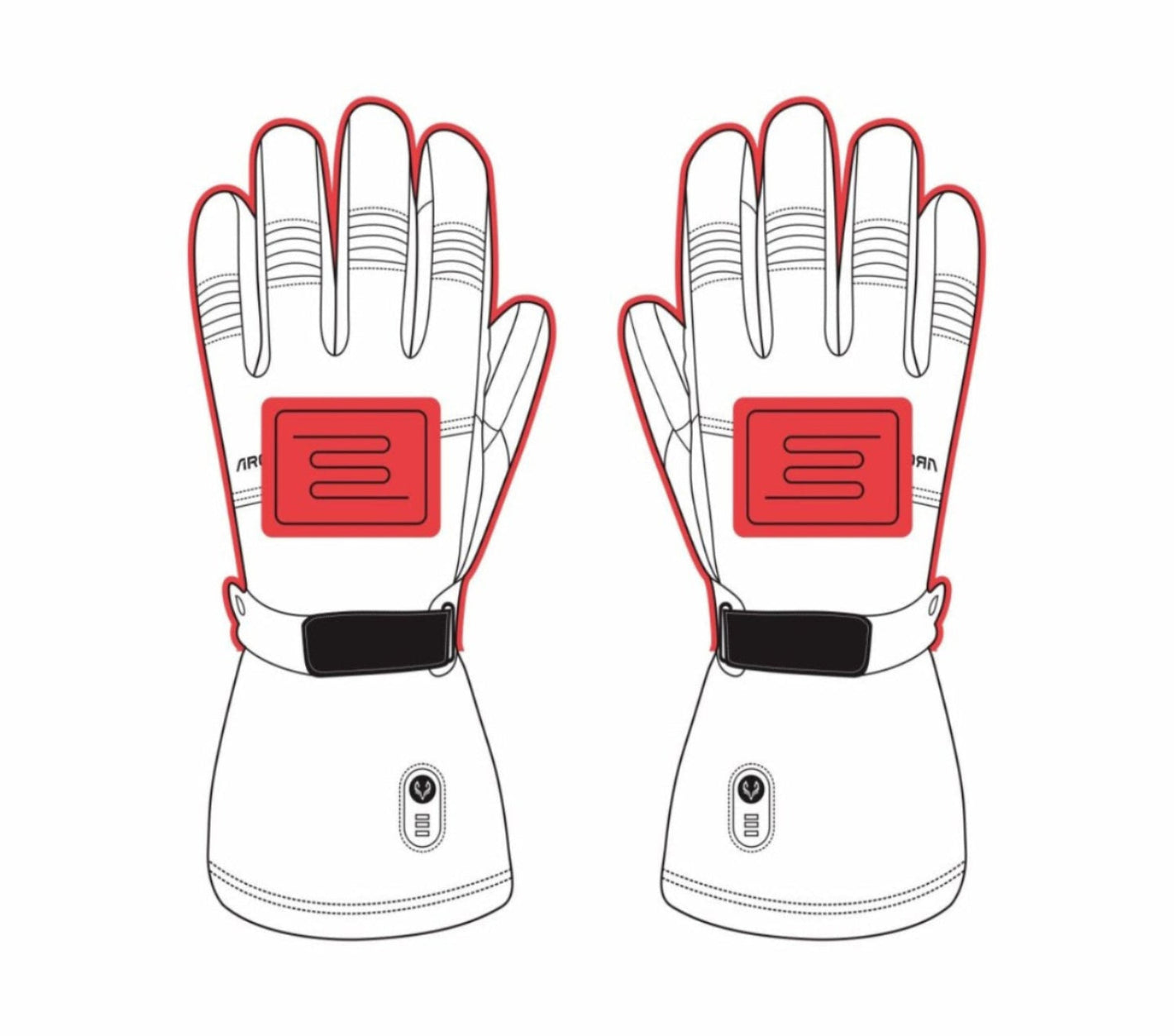 This image shows the heated areas of the arcfomor brand Ottawa Nights heated gloves, with heated coverage on the back of the hand and fingers to keep your hands warm in the winter!