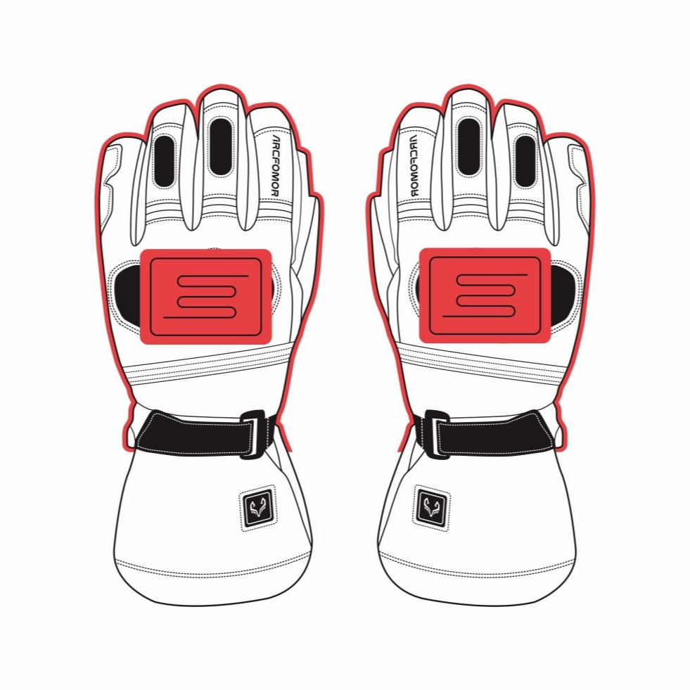 This image shows the heated areas of the arcfomor brand Basalt heated gloves, with heated coverage on the back of the hand and fingers to keep your hands warm in the winter!