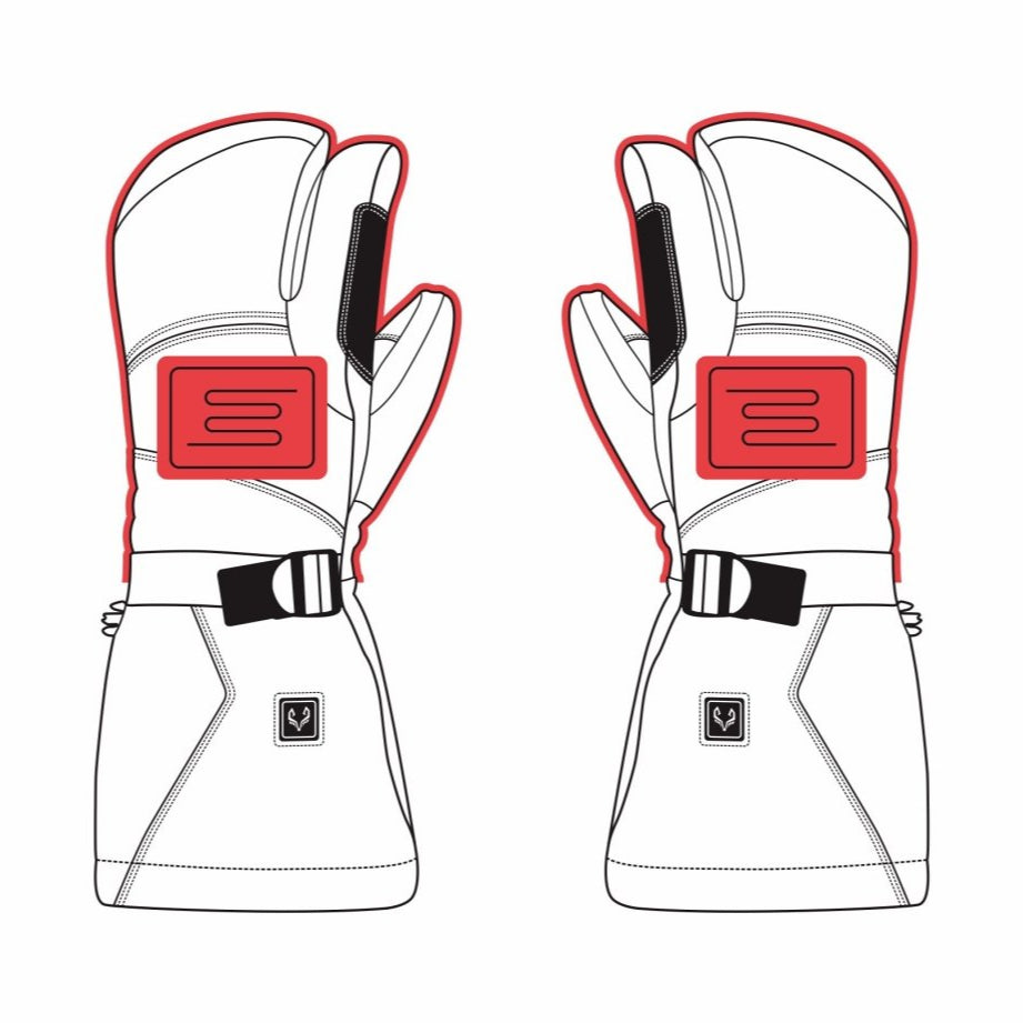 This image shows the heated areas of the arcfomor brand Crab Claw heated gloves, with heated coverage on the back of the hand and fingers to keep your hands warm in the winter!