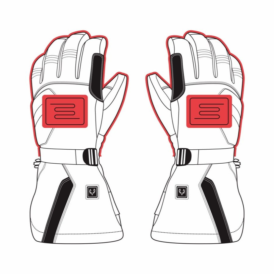 This image shows the heated areas of the arcfomor brand helm heated gloves, with heated coverage on the back of the hand and fingers to keep your hands warm in the winter!