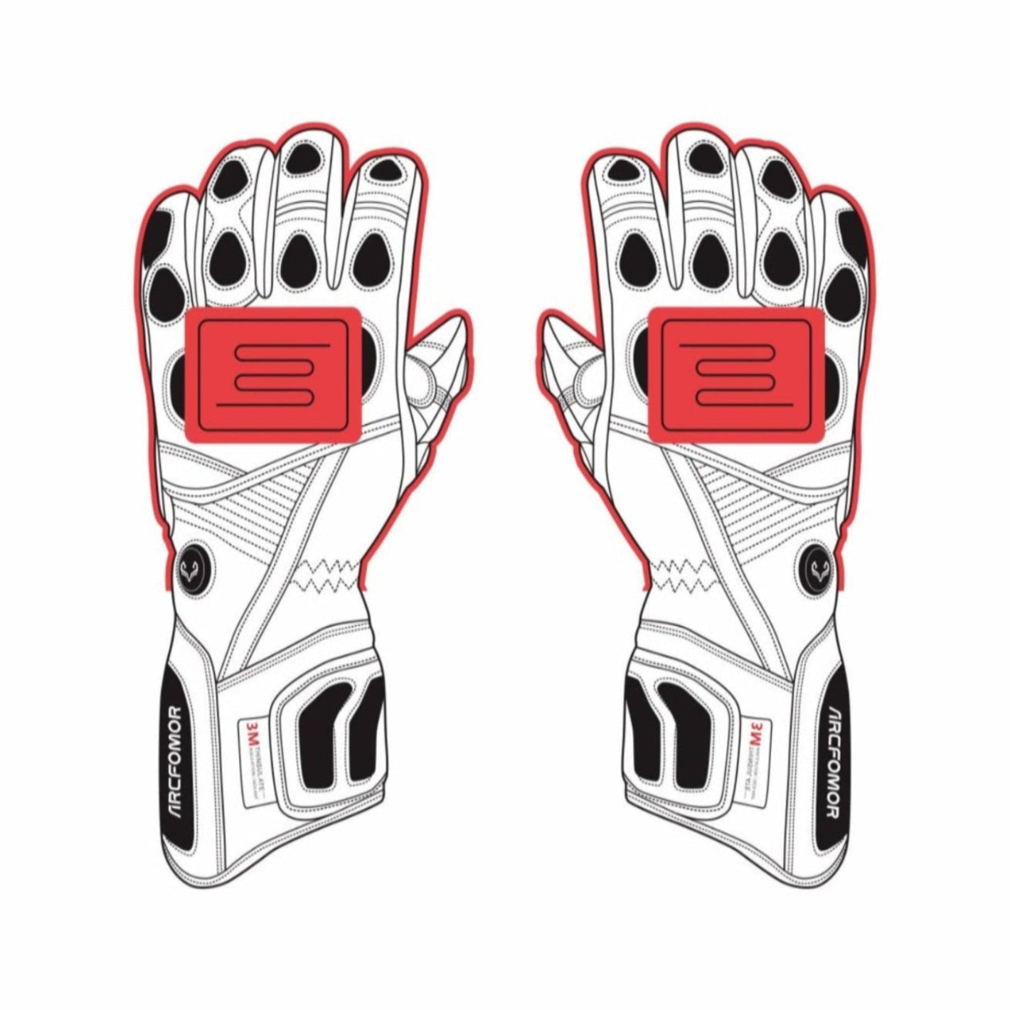 This image shows the heated areas of the arcfomor brand Tempest heated gloves, with heated coverage on the back of the hand and fingers to keep your hands warm in the winter!