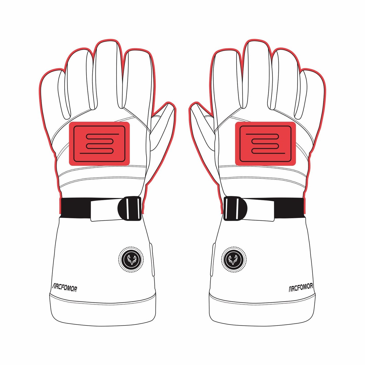 This image shows the heated areas of the arcfomor brand WinterGlow heated gloves with heat coverage on the back of the hand and fingers to keep your hands warm in the winter!