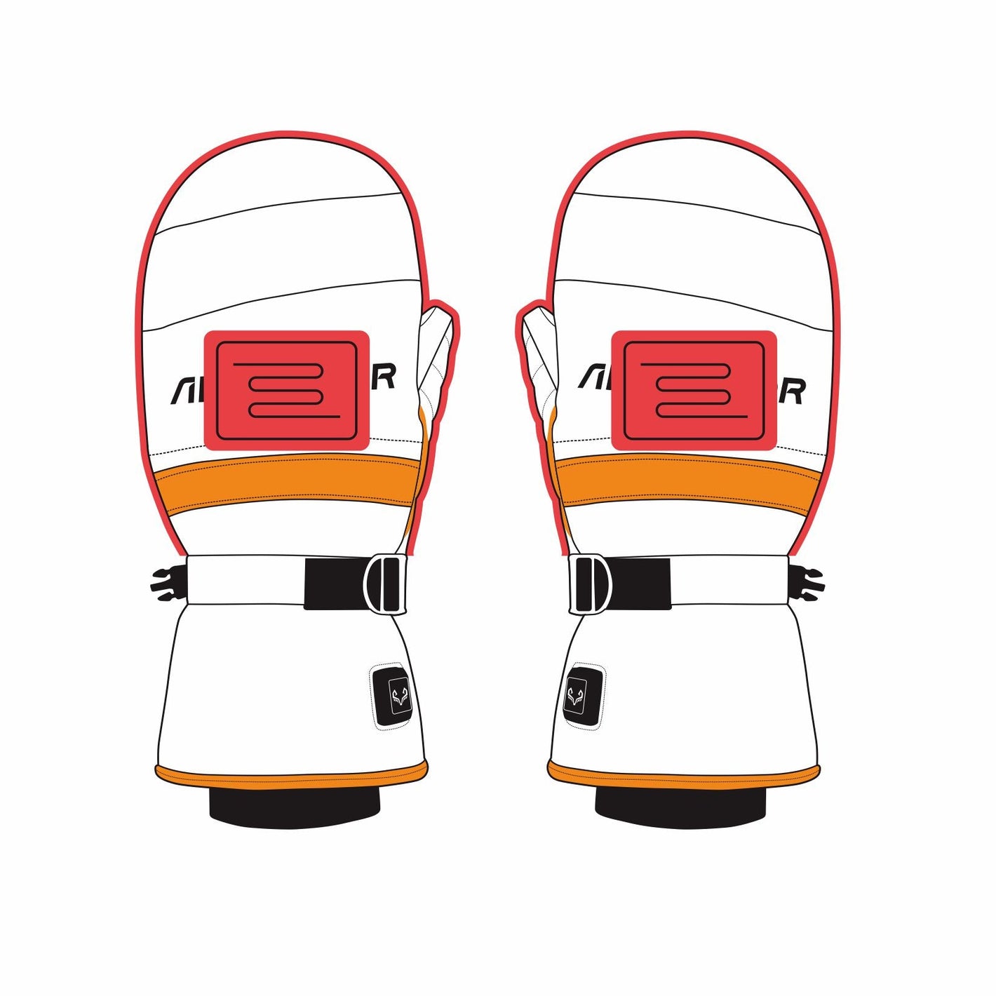The picture shows the heated areas of the arcfomor brand Toboggan Heated Mitten with heated coverage on the back of the hand and fingers to keep your hands warm in the winter!