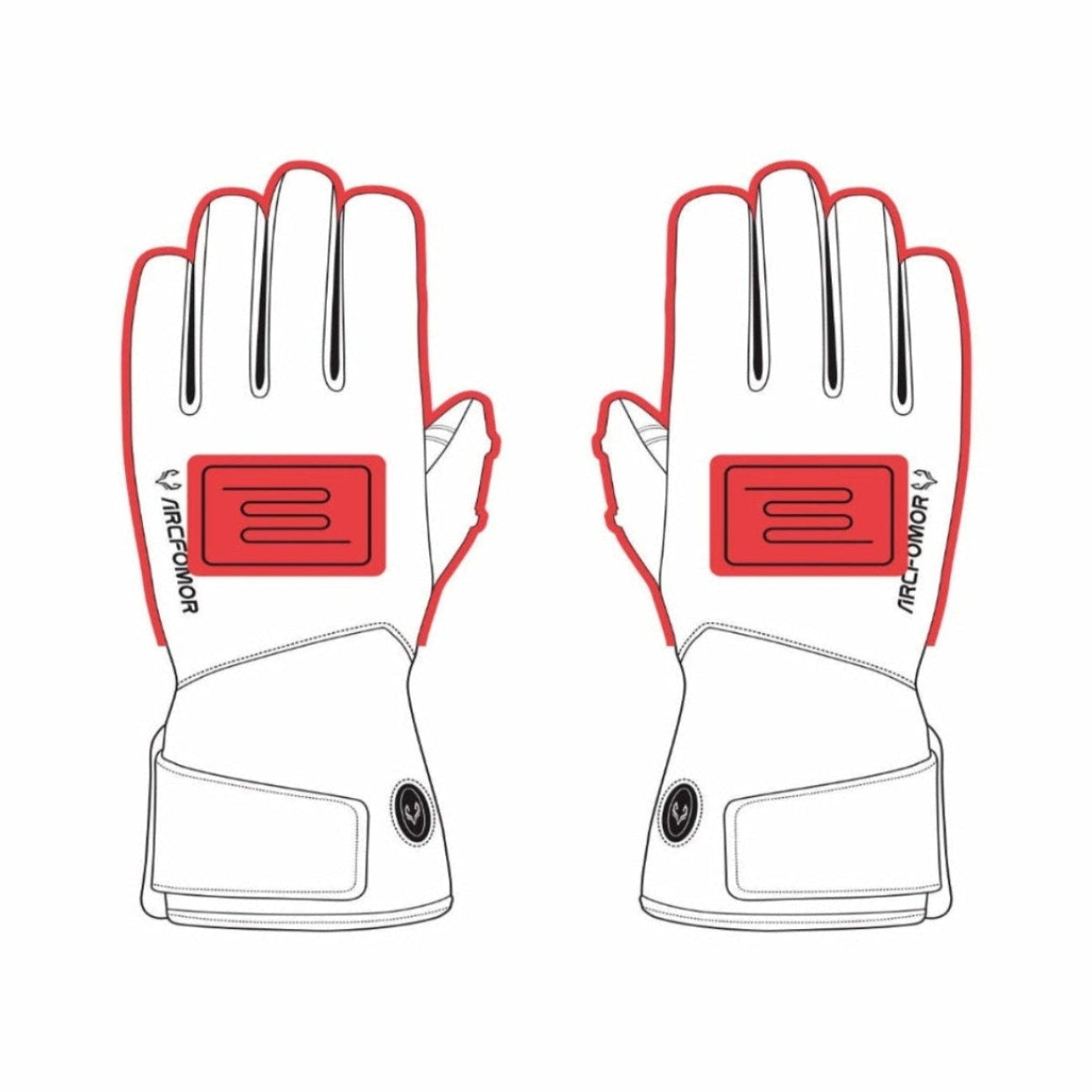 This image shows the heated area of arcfomor's Spider Silk gloves, a larger heated area will give the palm a better warming experience