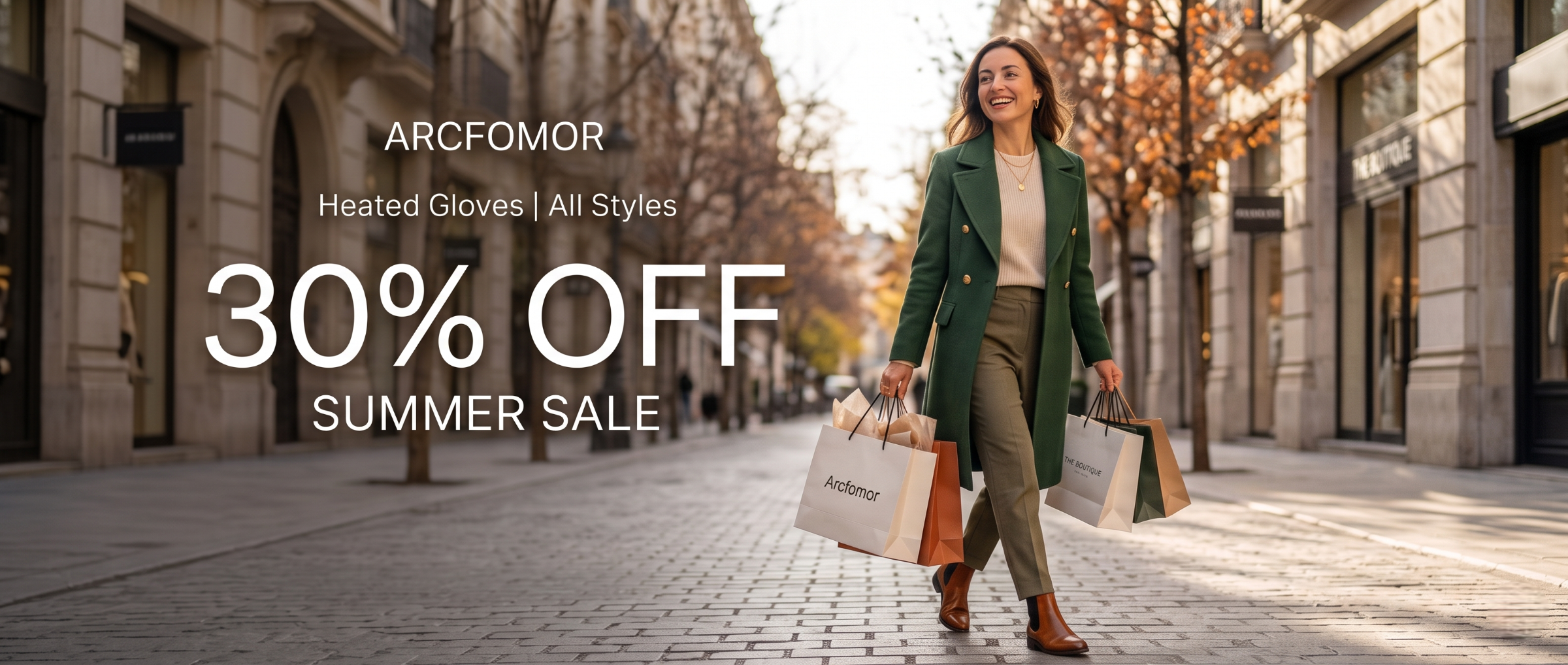 Arcfomor Summer Sale banner promoting 30% off all styles of heated gloves, featuring a smiling woman in a green coat carrying shopping bags on a sunny street.