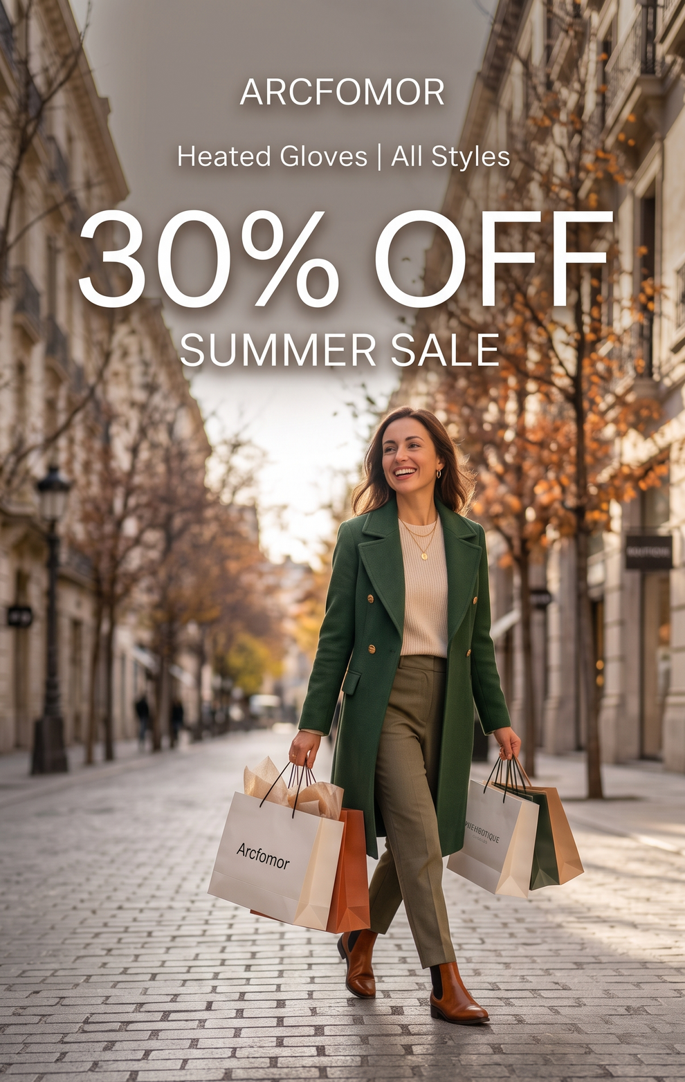 Arcfomor Summer Sale banner promoting 30% off all styles of heated gloves, featuring a smiling woman in a green coat carrying shopping bags on a sunny street.