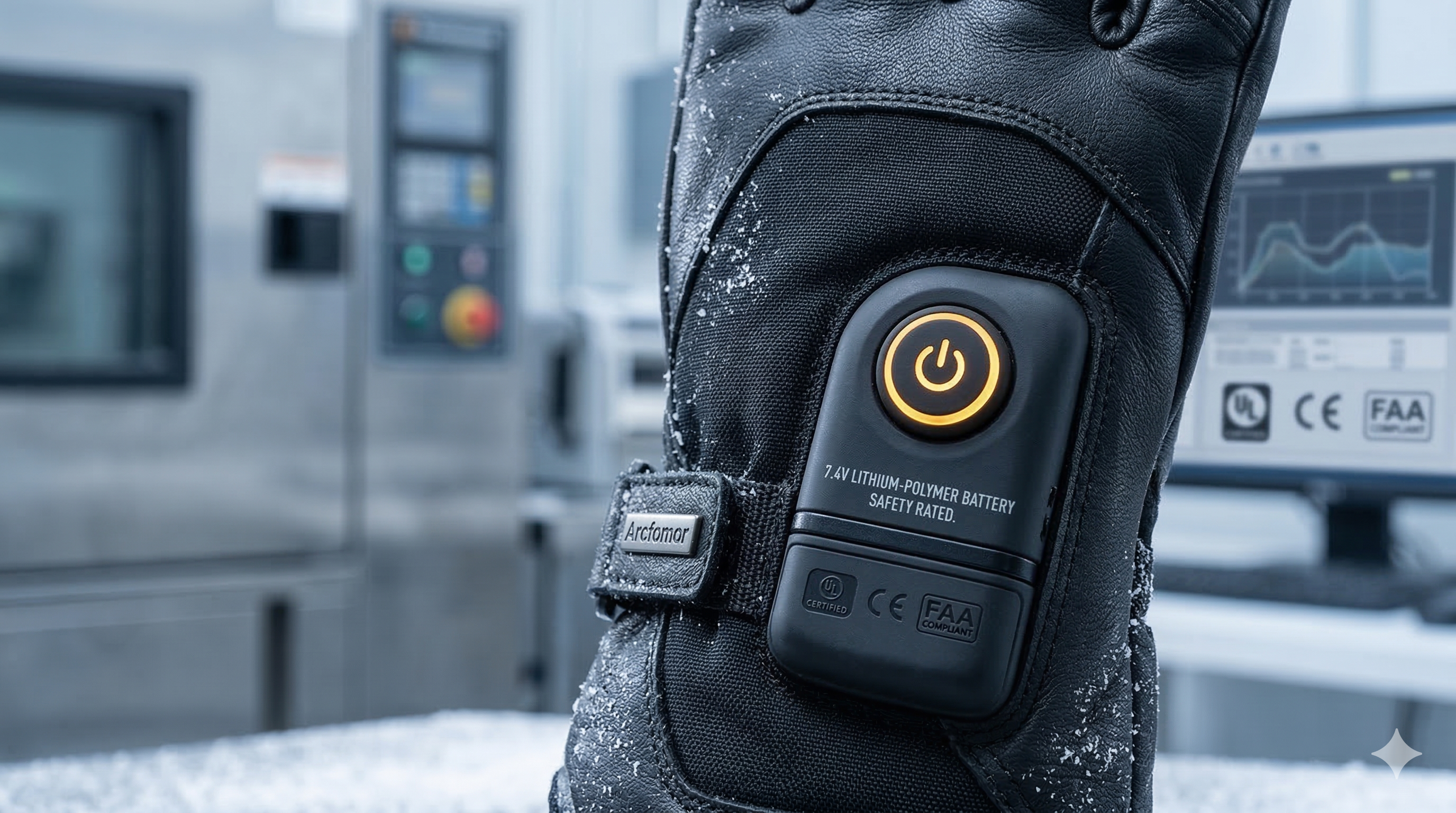 Arcfomor 7.4V battery technology and safety certifications including UL, CE, and FAA compliance for heated gloves.