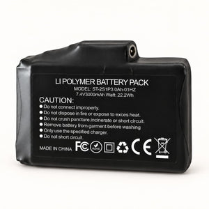 Front view of an Arcfomor 7.4V 3000mAh battery, showing its specification label and metal-rimmed DC socket.