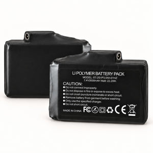 Two black Arcfomor 7.4V 3000mAh heated glove batteries in a staggered arrangement, showing the labeled front and plain back.