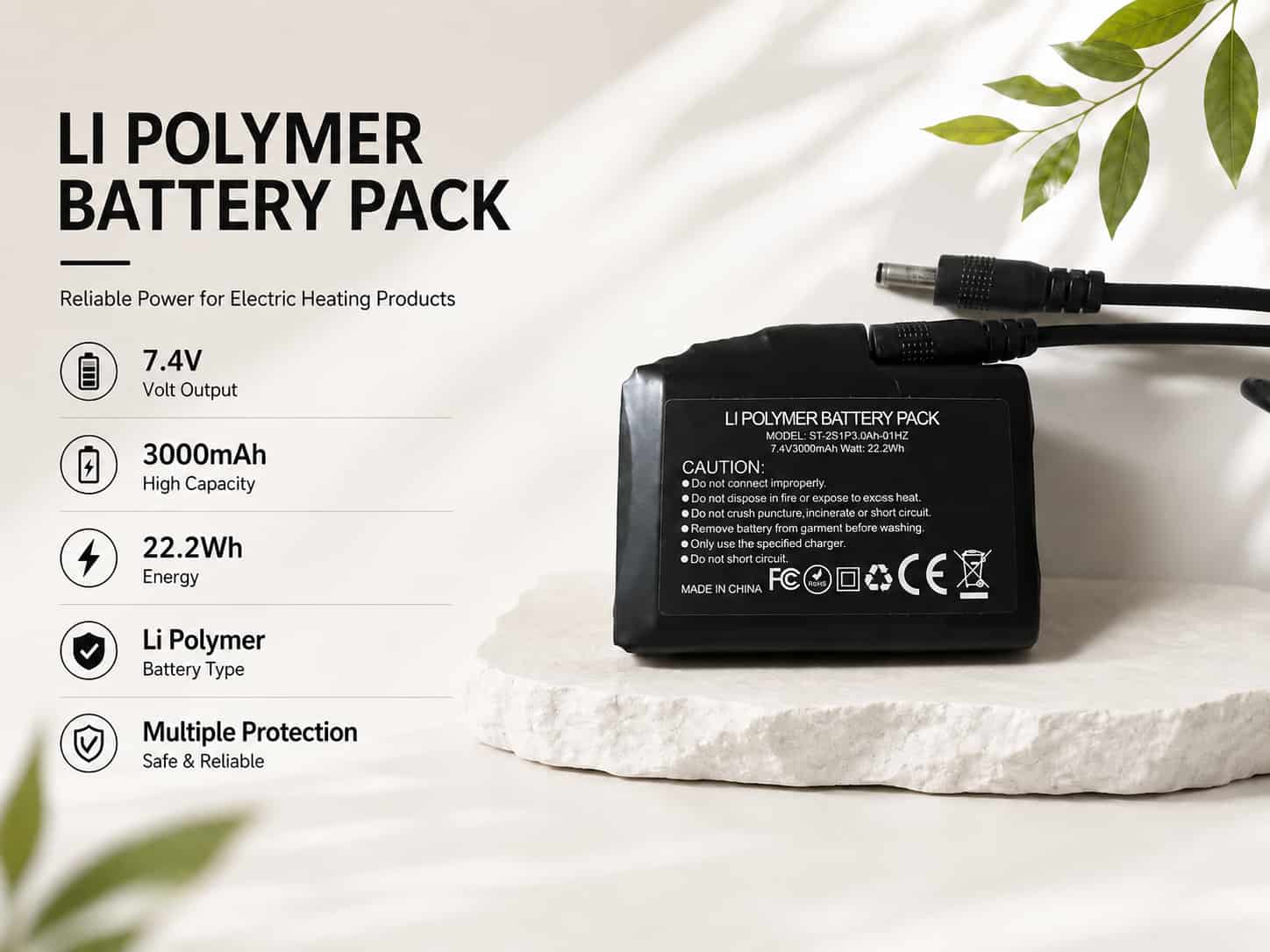 Arcfomor 7.4V 3000mAh lithium-polymer battery showing the connector and 22.2Wh rating
