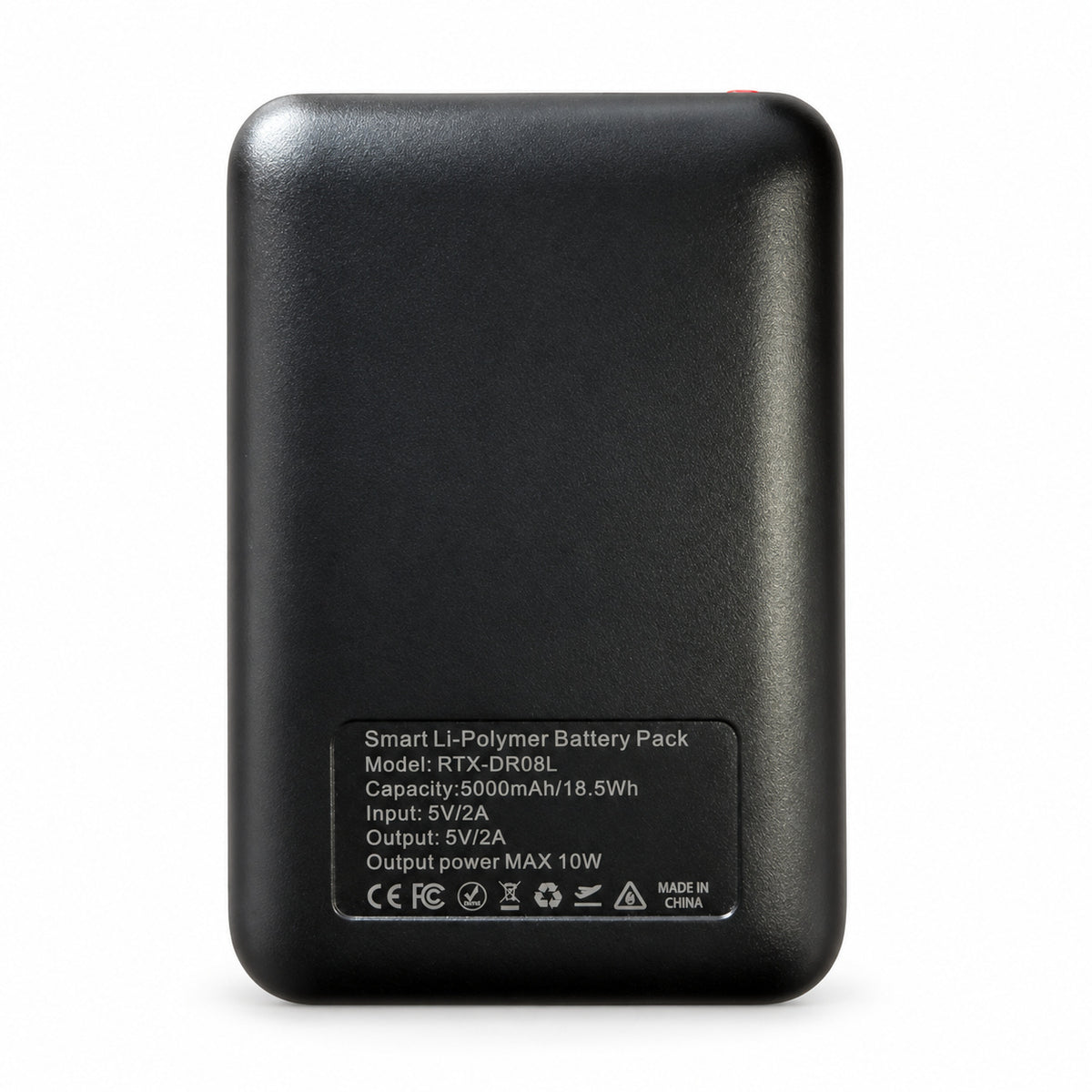 Dragonfly battery label showing 5000mAh, 18.5Wh, 5V 2A input and output, and 10W maximum output.