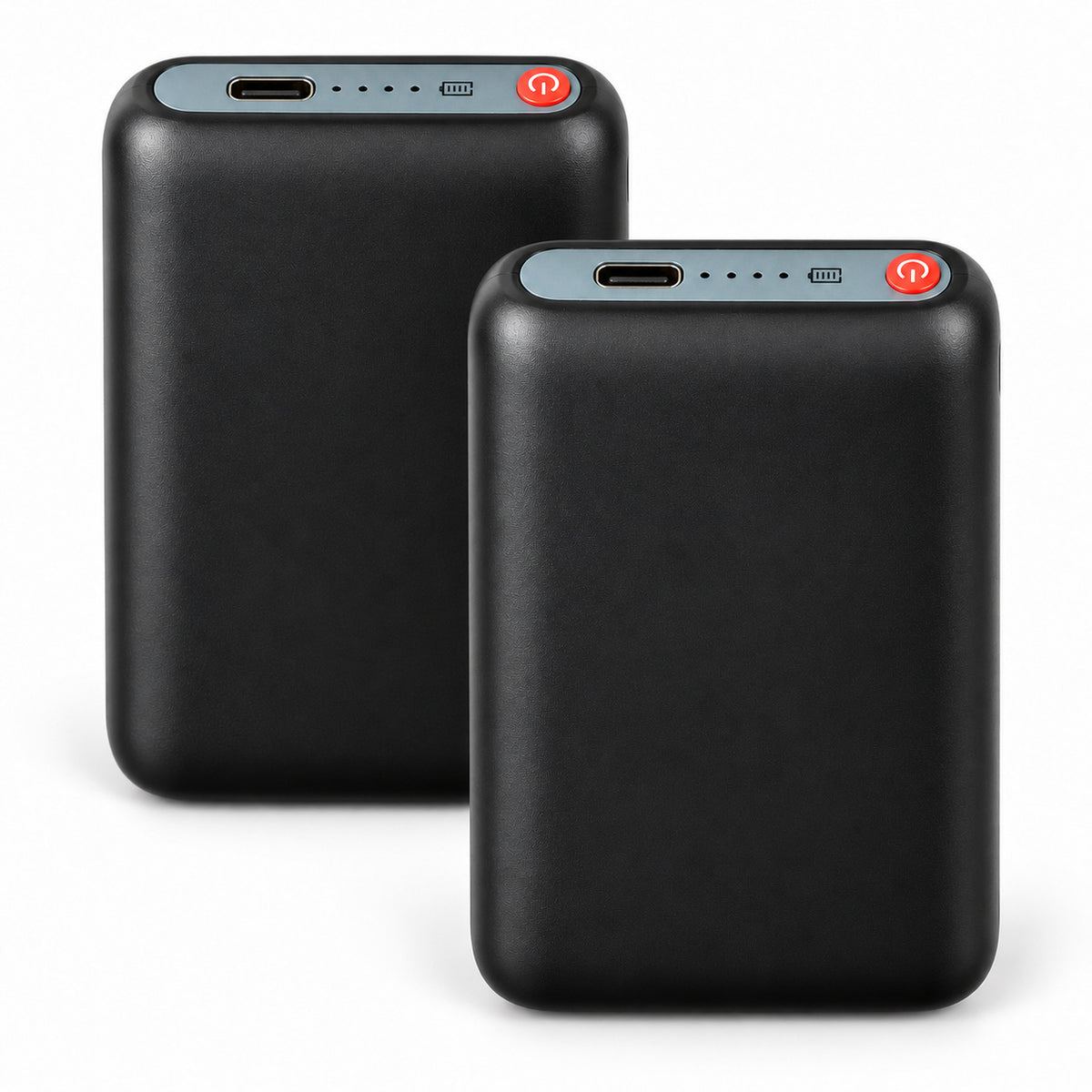 Pair of black Dragonfly 5V 5000mAh replacement batteries with USB-C ports, four battery indicator dots and red power buttons.