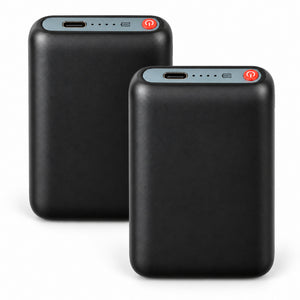 Pair of black Dragonfly 5V 5000mAh replacement batteries with USB-C ports, four battery indicator dots and red power buttons.