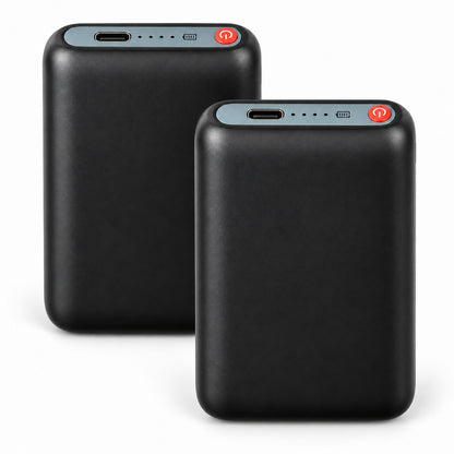 Pair of black Dragonfly 5V 5000mAh replacement batteries with USB-C ports, four battery indicator dots and red power buttons.