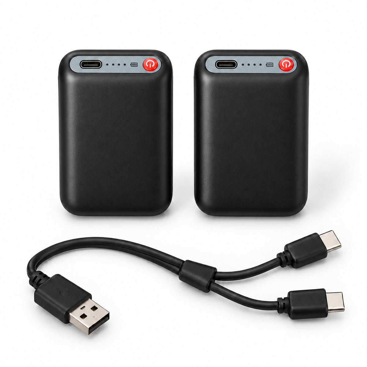 Two Dragonfly 5V 5000mAh batteries with the included USB-A to dual USB-C charging cable.