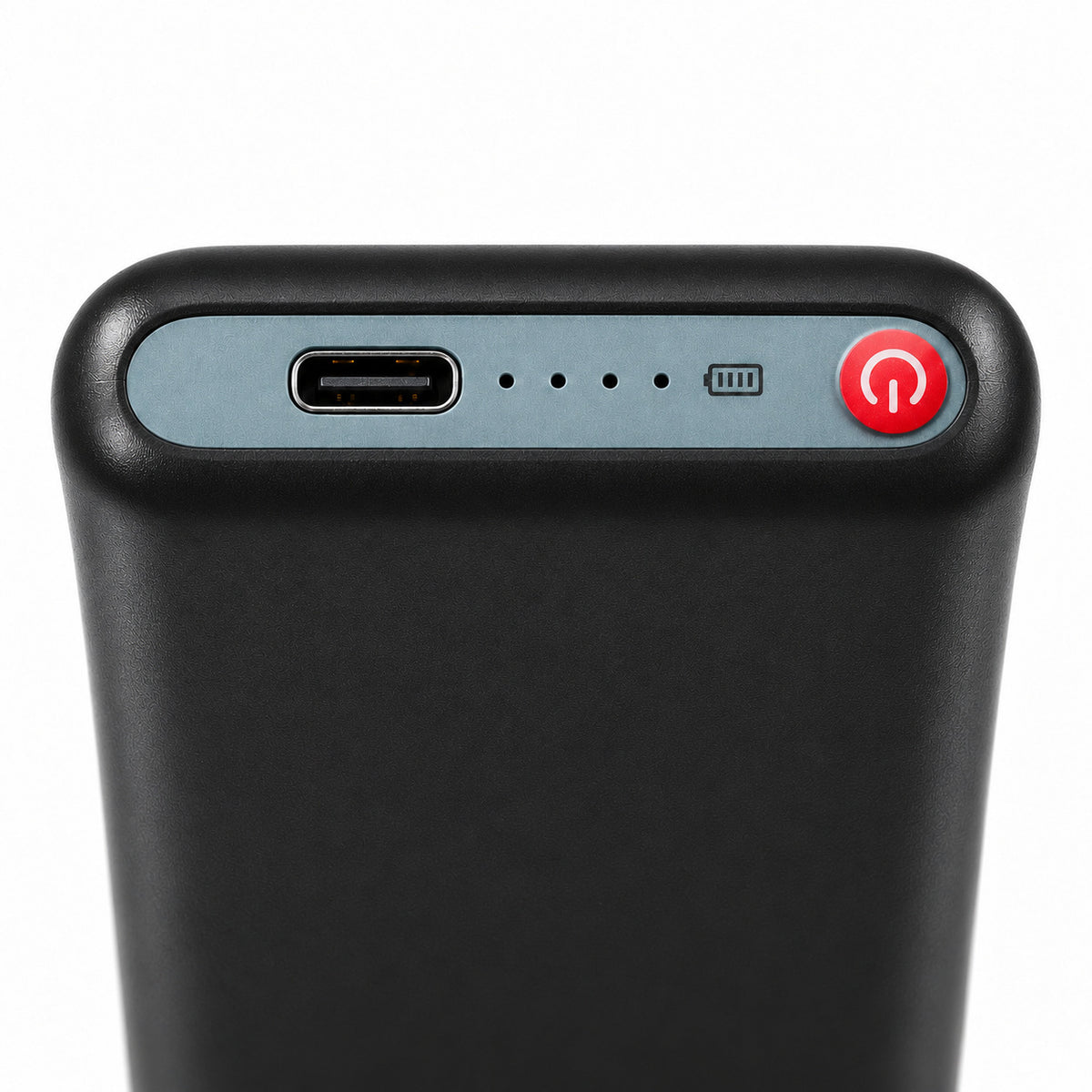 Close-up of the Dragonfly battery USB-C port, four unlit battery indicator dots and red power button.