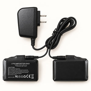 Arcfomor dual-port charger connected to two 7.4V 3000mAh heated glove batteries, with both cable connections visible.