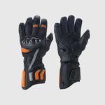 Black and orange Tempest heated motorcycle gloves shown from knuckle and palm sides