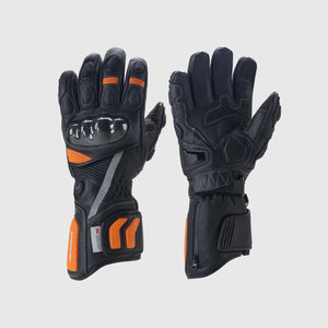 Black and orange Tempest heated motorcycle gloves shown from knuckle and palm sides