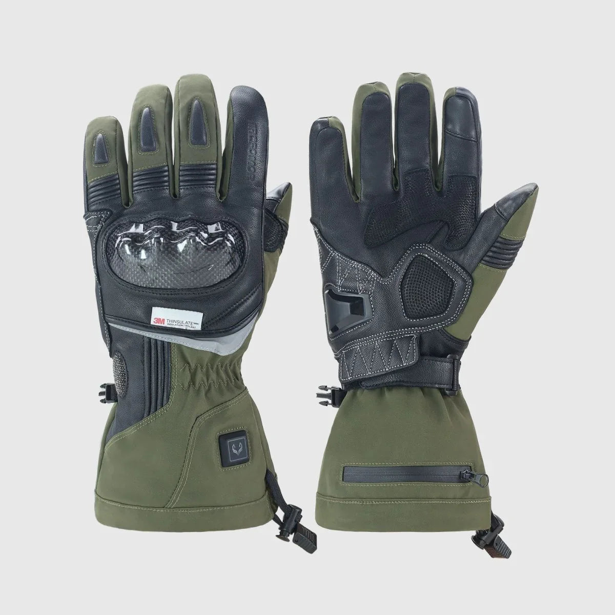 Olive green Vortex heated motorcycle gloves shown from knuckle and palm sides