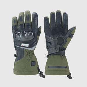 Olive green Vortex heated motorcycle gloves shown from knuckle and palm sides