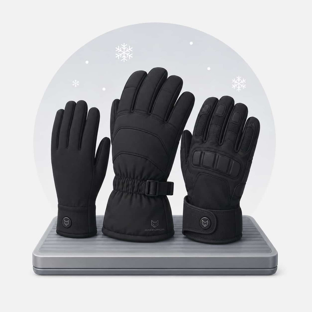Different Arcfomor winter glove styles for everyday, ski and riding use