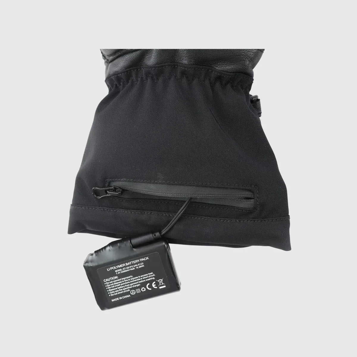 Waterproof zippered battery pocket and 7.4V battery on a Basalt heated motorcycle glove