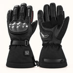 Black Basalt heated motorcycle gloves showing the back and palm, with carbon-fiber knuckle and palm-heel protection.