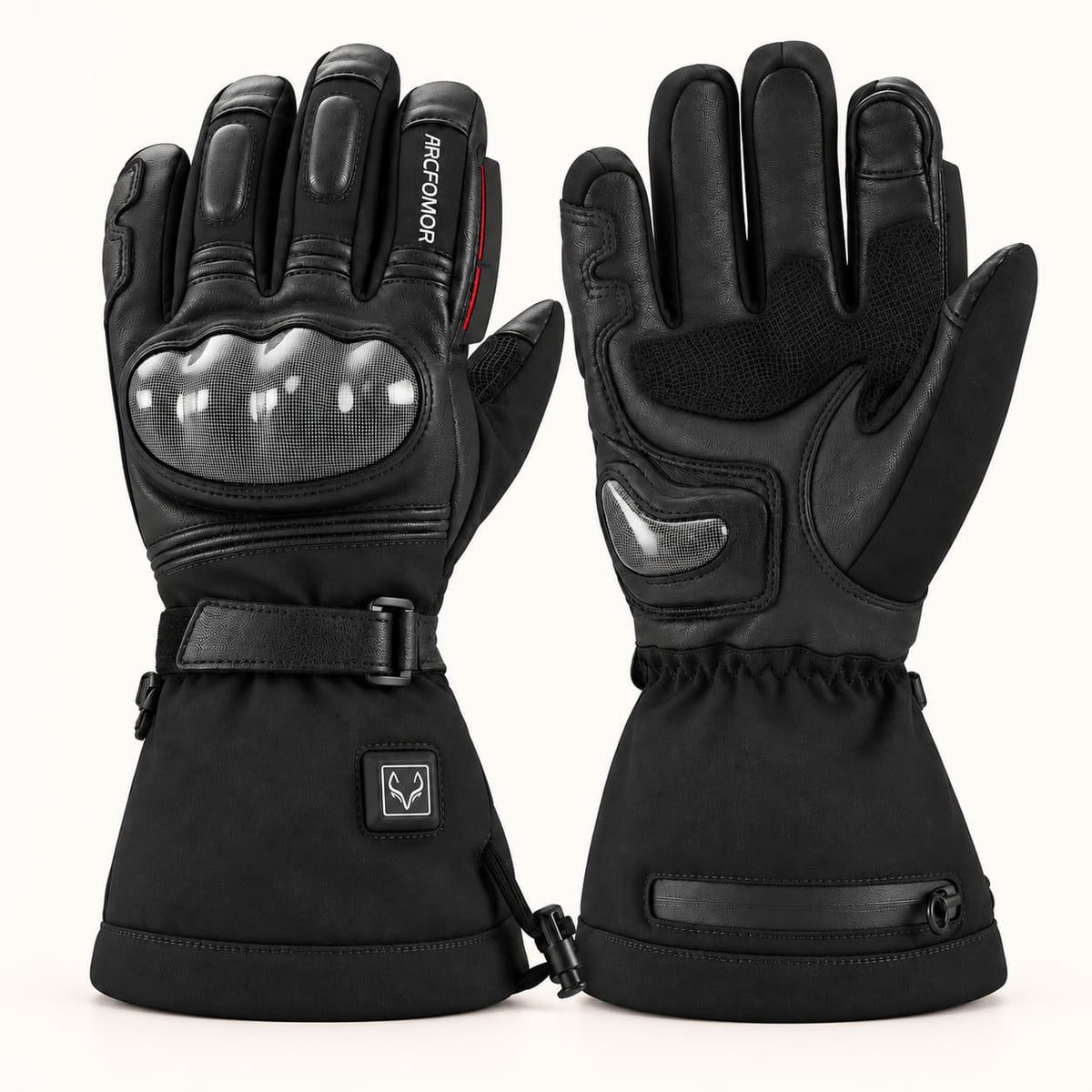 Black Basalt heated motorcycle gloves showing the back and palm, with carbon-fiber knuckle and palm-heel protection.