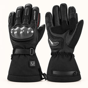 Black Basalt heated motorcycle gloves showing the back and palm, with carbon-fiber knuckle and palm-heel protection.