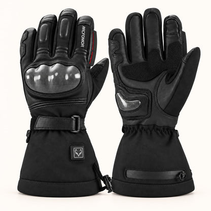Black Basalt heated motorcycle gloves showing the back and palm, with carbon-fiber knuckle and palm-heel protection.