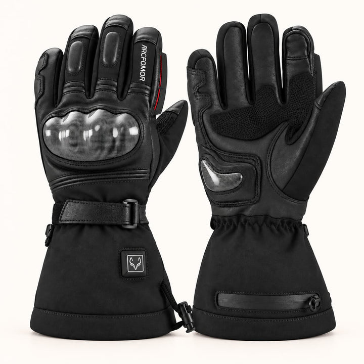 Black Basalt heated motorcycle gloves showing the back and palm, with carbon-fiber knuckle and palm-heel protection.