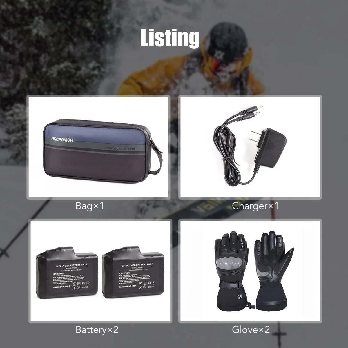 Basalt gloves, two 7.4V batteries, compatible charger and storage bag