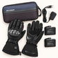 Basalt heated motorcycle glove set with two gloves, two rechargeable batteries, a dual-output charger and a zippered storage bag.