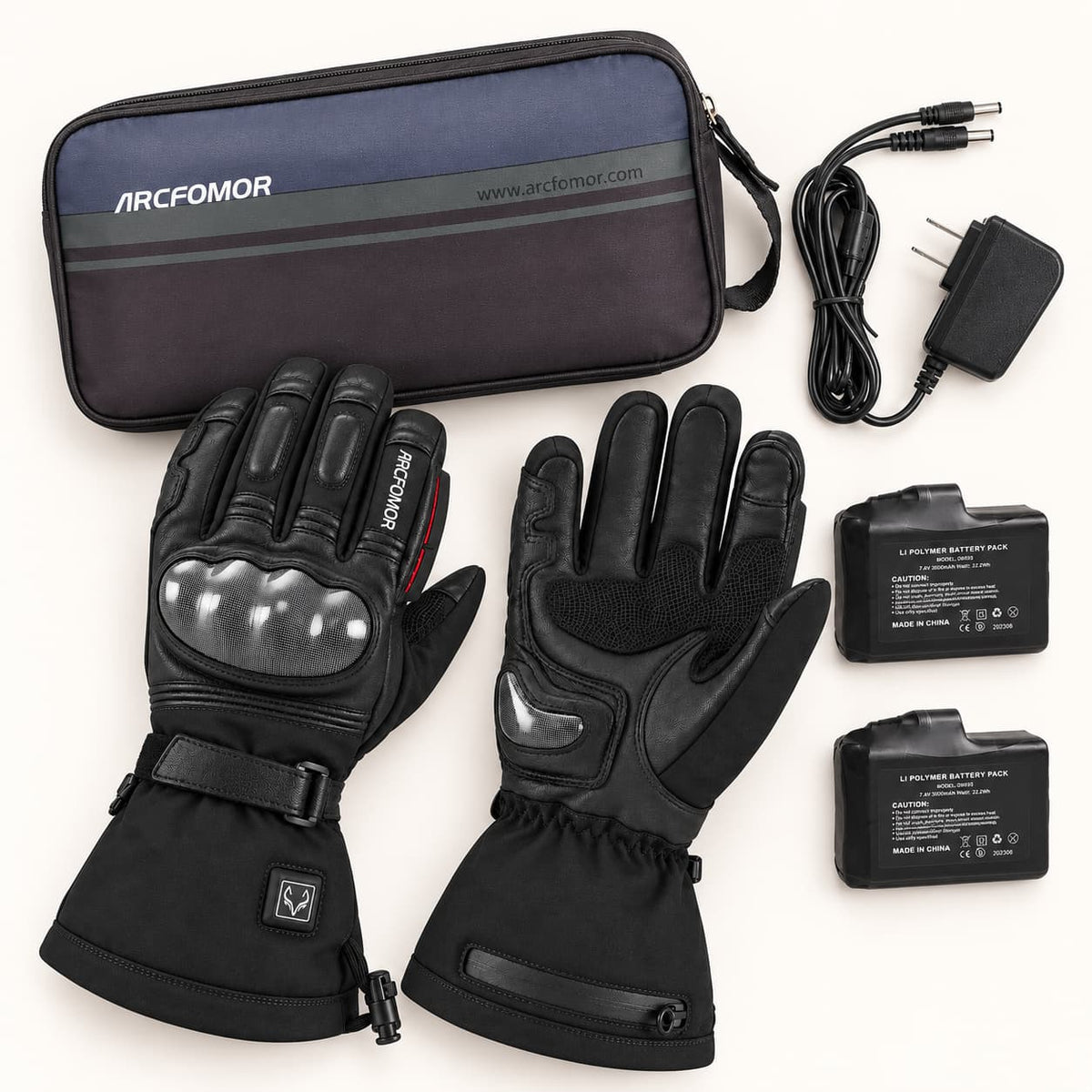 Basalt heated motorcycle glove set with two gloves, two rechargeable batteries, a dual-output charger and a zippered storage bag.