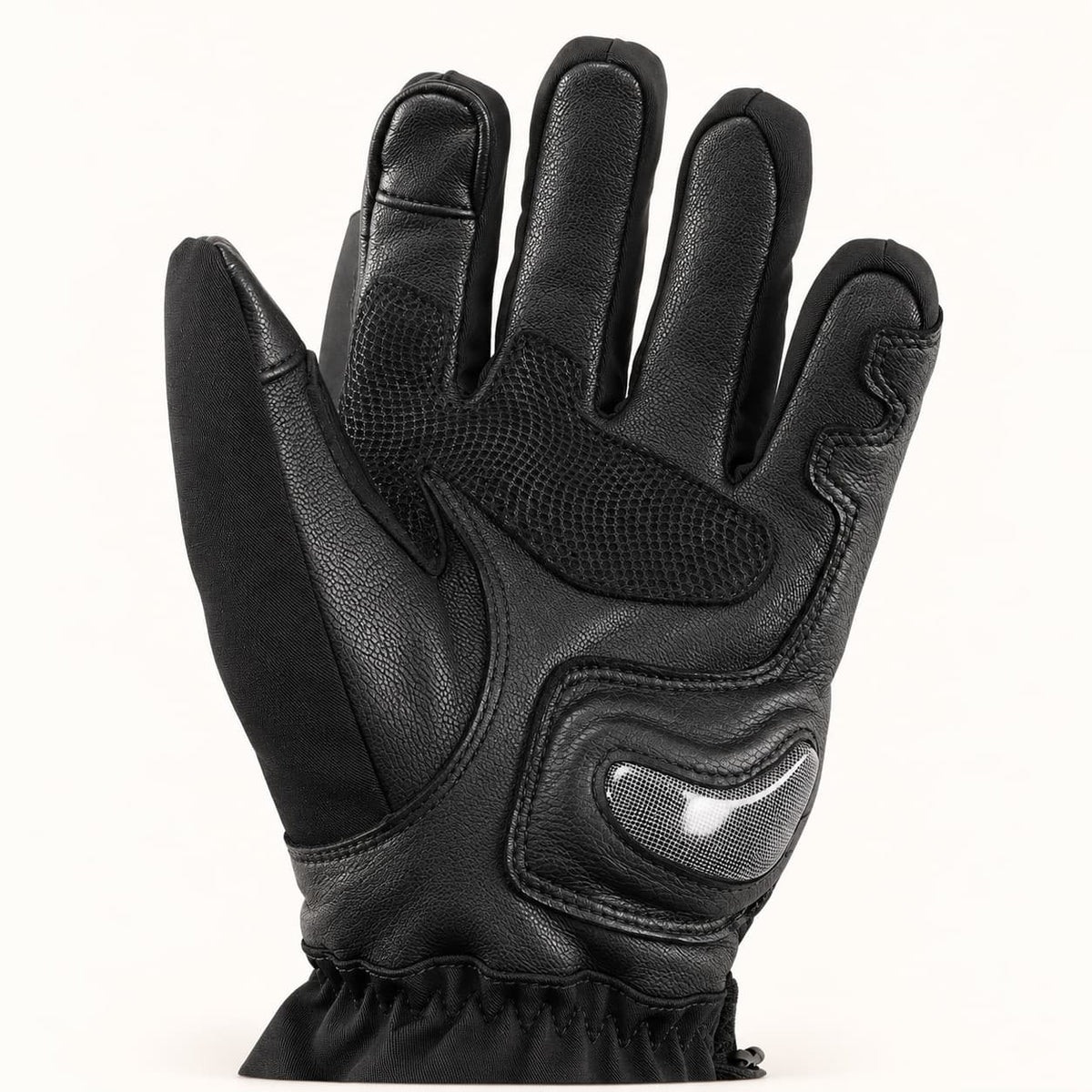 Palm view of a Basalt heated motorcycle glove showing textured grip reinforcement and the carbon-fiber palm-heel shell.