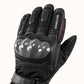 Close-up of the Basalt glove’s index-finger visor wiper, leather finger panels and carbon-fiber knuckle shell.